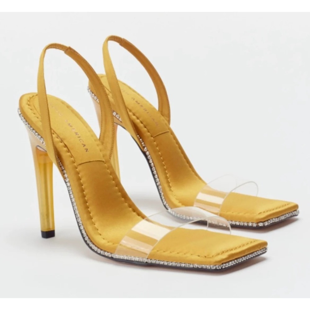 Good American Size 11.5 Crystal Crush Lucite Sandals Heels Shoes Gold Kardashian